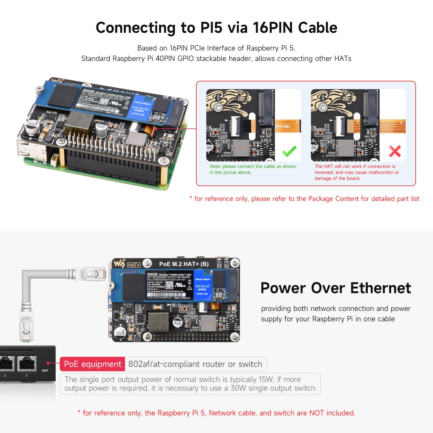 Waveshare PCIe to M.2 Adapter with PoE Function HAT+ (B), Compatible with Raspberry Pi 5, Supports POE NVMe Drive Protocol 2230/2242 / 2260/2280 M.2 Solid State Drive, High-Speed Reading/Writing