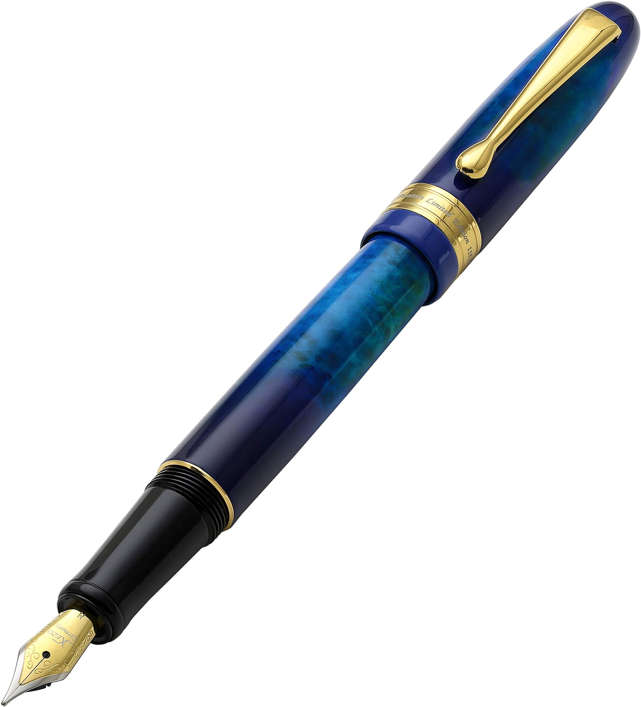 Xezo Medium Nib Fountain Brass Pen, Hand-Enameled, Screw-On Cap, 18-Karat Gold Plated (Phantom Stardust M). No Two Alike, Blue