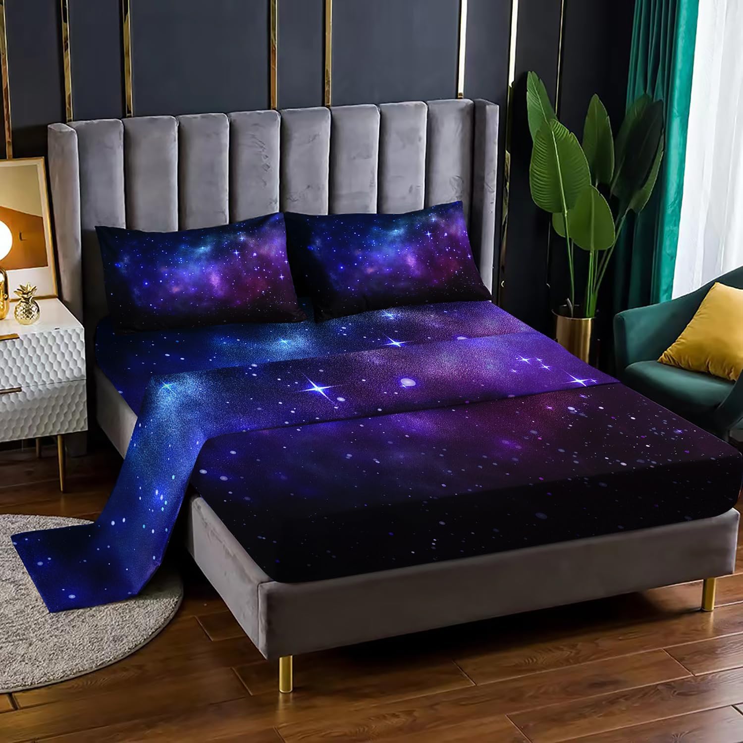 Blue Galaxy Fitted Sheet Set Queen 4Pcs Universe Outer Space Starry Sky Bedding Set for Kids Girls Psychedelic Space Night Pattern Quilt Bed Sheet Set + Flat Sheet + 2 Pillow Cases