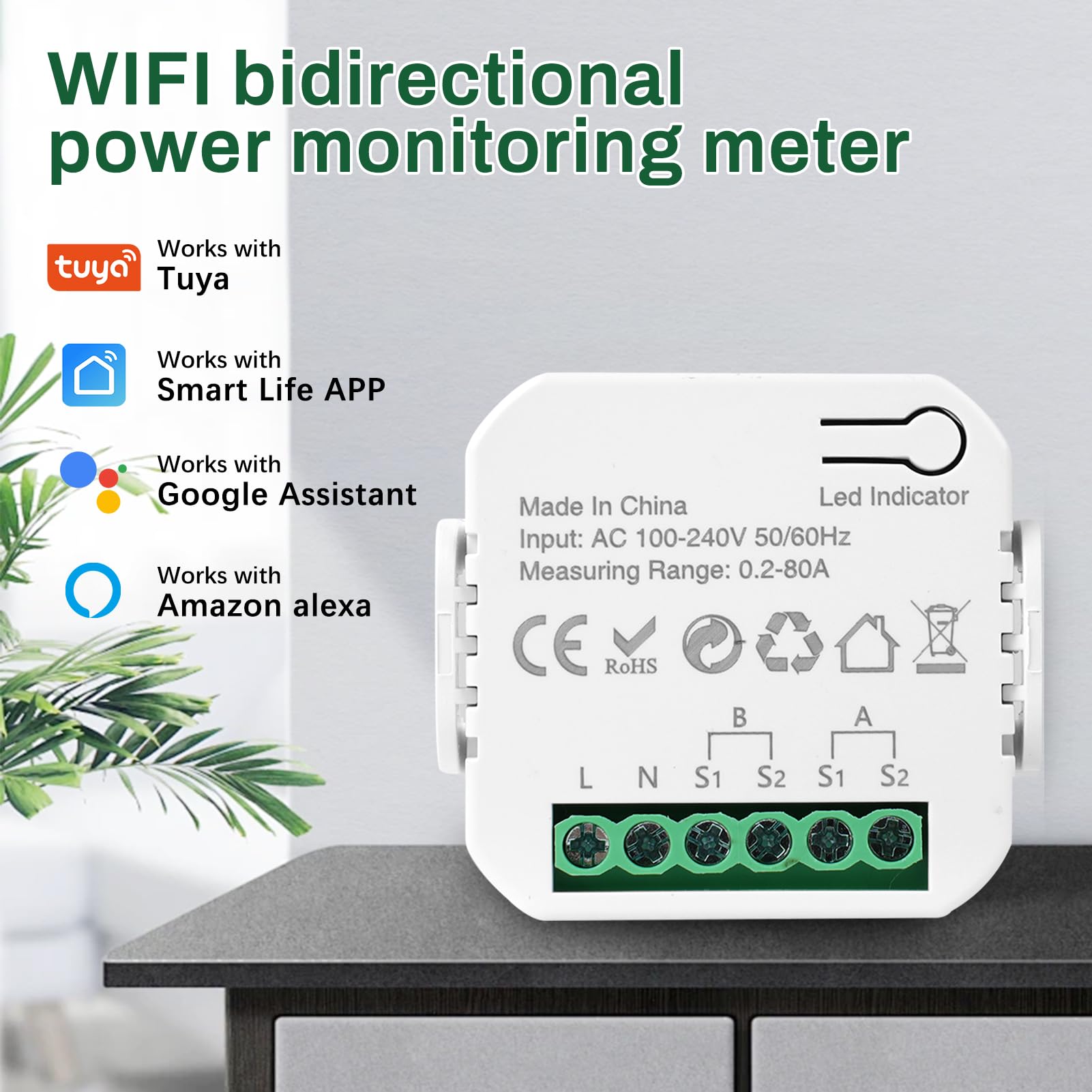 Jadeshay Compteur Electrique Connecté 80A Compteur Electrique Moniteur D'énergie Domestique Wi-FI Bidirectionnel avec 2 Pince Compatible avec Tuya Smart Life
