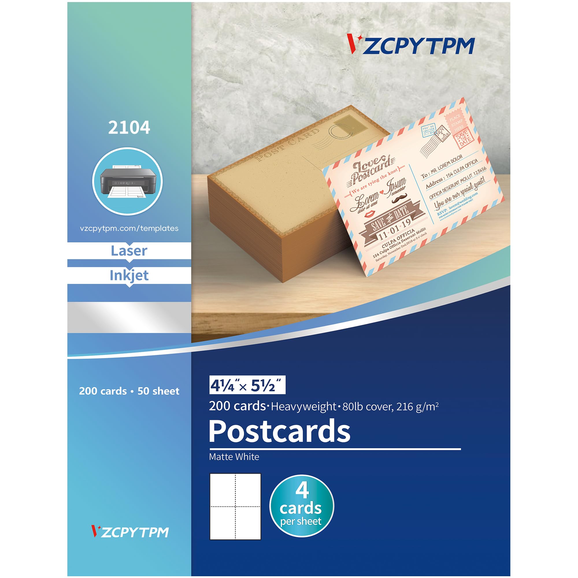 VZCPYTPM Kartki pocztowe do druku 10,8 cm x 14 cm, 200 pustych kartek pocztowych do wysyłki, zaproszeń, ogłoszeń, do drukarek atramentowych i laserowych, perforowany karton do niestandardowych wzorów