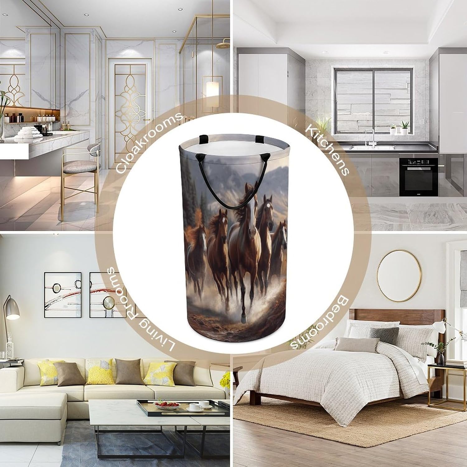 Horses Laundry Hamper with Handles Waterproof Collapsible Laundry Basket Large Lightweight Round Dirty Clothes Hamper for Home Dorm Bathroom Decor