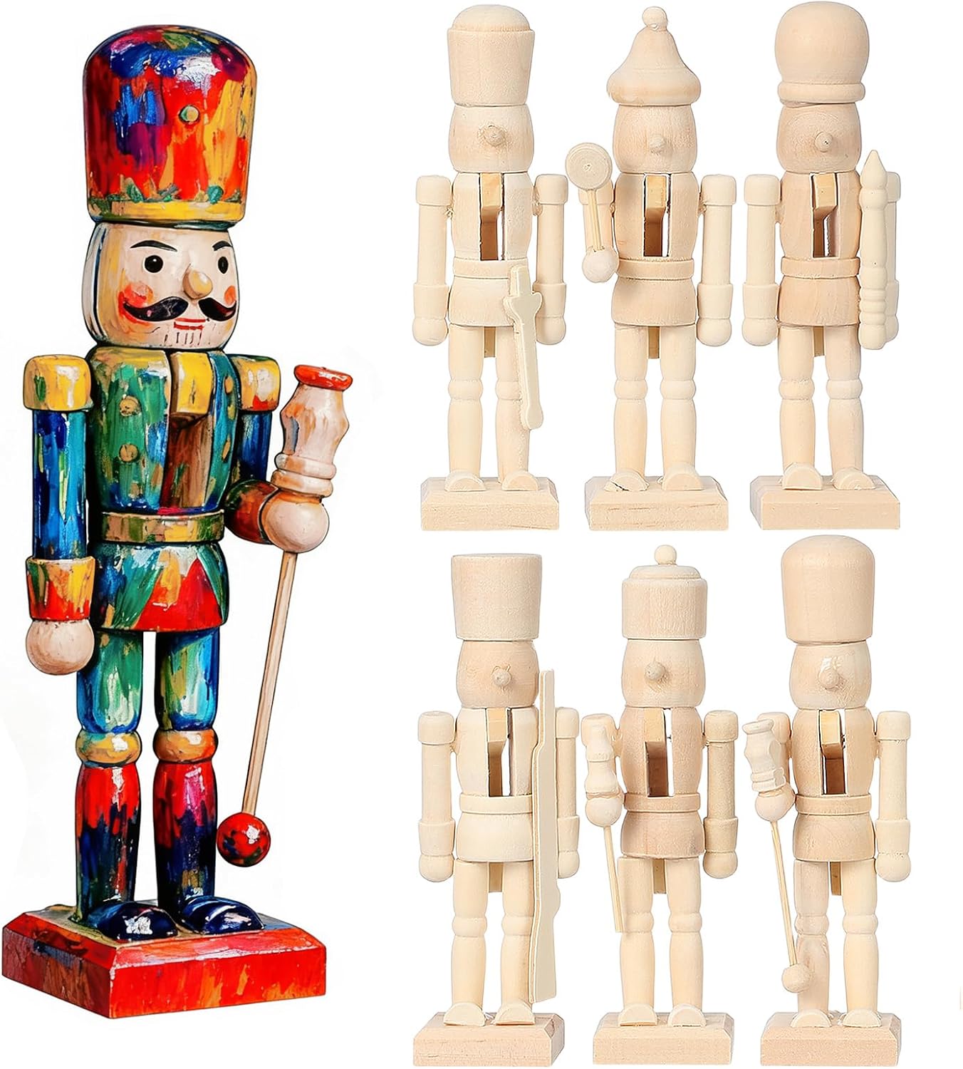 6Pcs Christmas Wooden Unfinished Nutcrackers, 5in Blank Paintable Nutcracker Figures DIY Crafts Walnut Soldier Ornament for Christmas Decoration