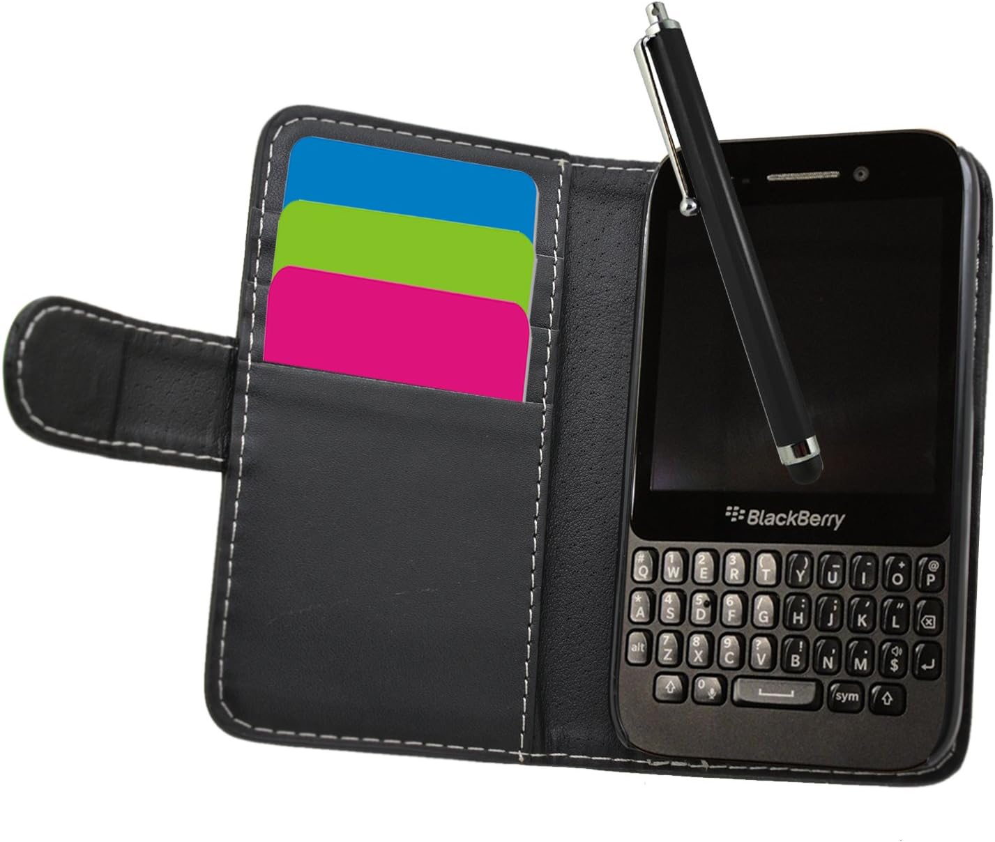 SAMRICK - Blackberry Q5 - Executive Specially Designed Soft Leather Book Wallet Case With Credit Card/Business Card Holder & Screen Protector/Foil/Film/Guard & Microfibre Cloth & Black High Capacitive Stylus Pen - Black