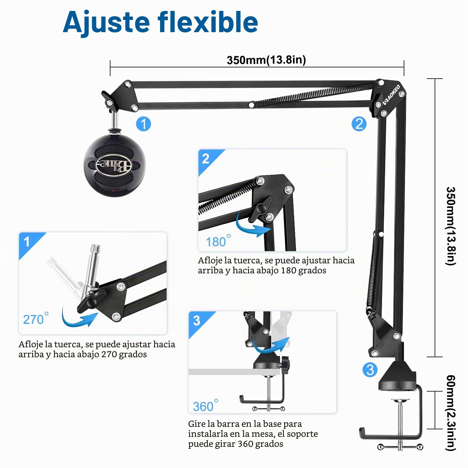 Soporte de Micrófono,Aokeo AK-35 Brazo de Micrófono ajustable negro Profesional para Micrófono de HyperX QuadCast,Blue Yeti,Blue Snowball,Etc