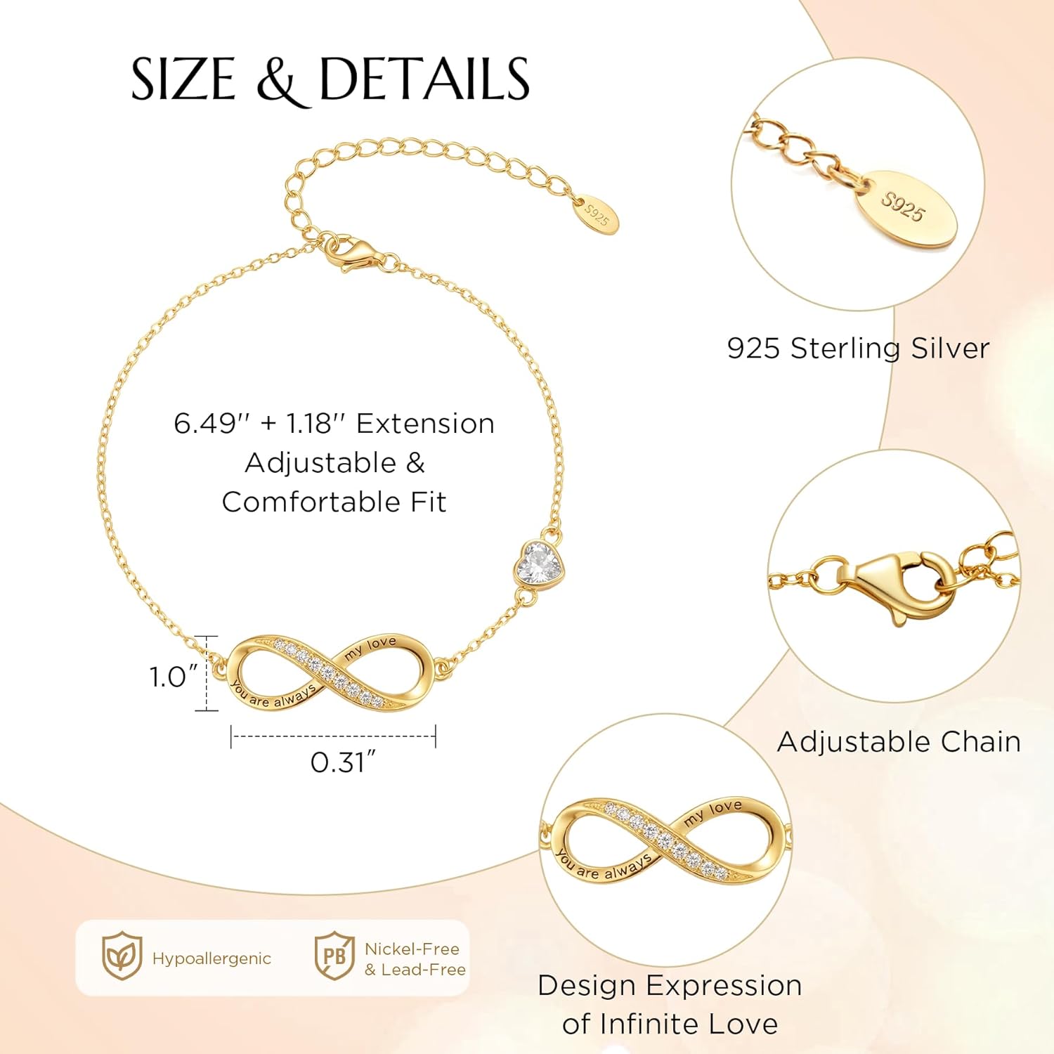 NORBU S925 Infinity Bracelets for Women, 18K Gold Plated Engraved Womens Infinity Heart Birthstone Link Charm Bracelet 925 Sterling Silver, Jewelry Gift for Her Wife Girlfriend Christmas Birthday Valentine Mother's Day