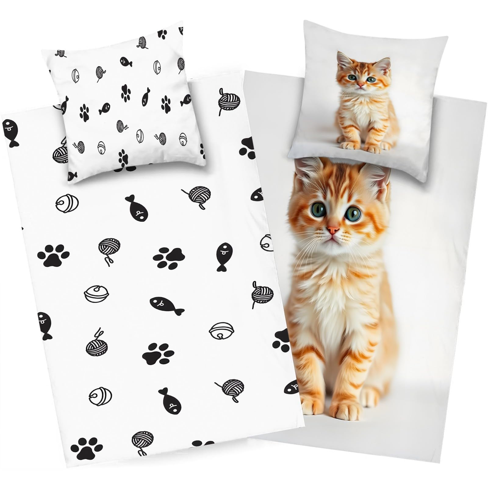 Housse couette enfant chat 240x260 lit 2 personnes orange blanc H297