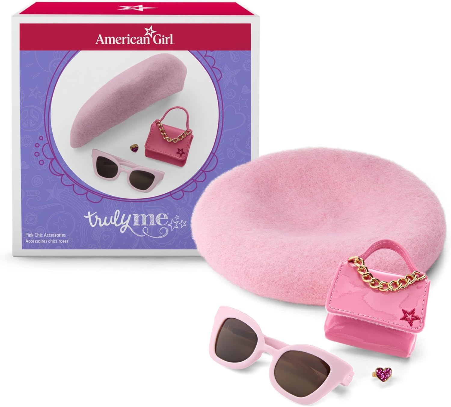 American Girl Truly Me 18-inch Doll Pink Chic Accessories with Purse, Beret, Sunglasses, and Heart Ring, for Ages 6+