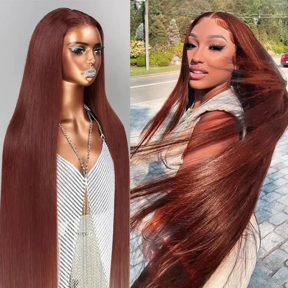 KFgood Reddish Brown Lace Front Wigs Human Hair 200% Density 13x4 HD Transparent Straight Lace Front Wigs Human Hair With Baby Hair Auburn Copper Colored 33# Glueless Human Hair Wigs 32 Inch