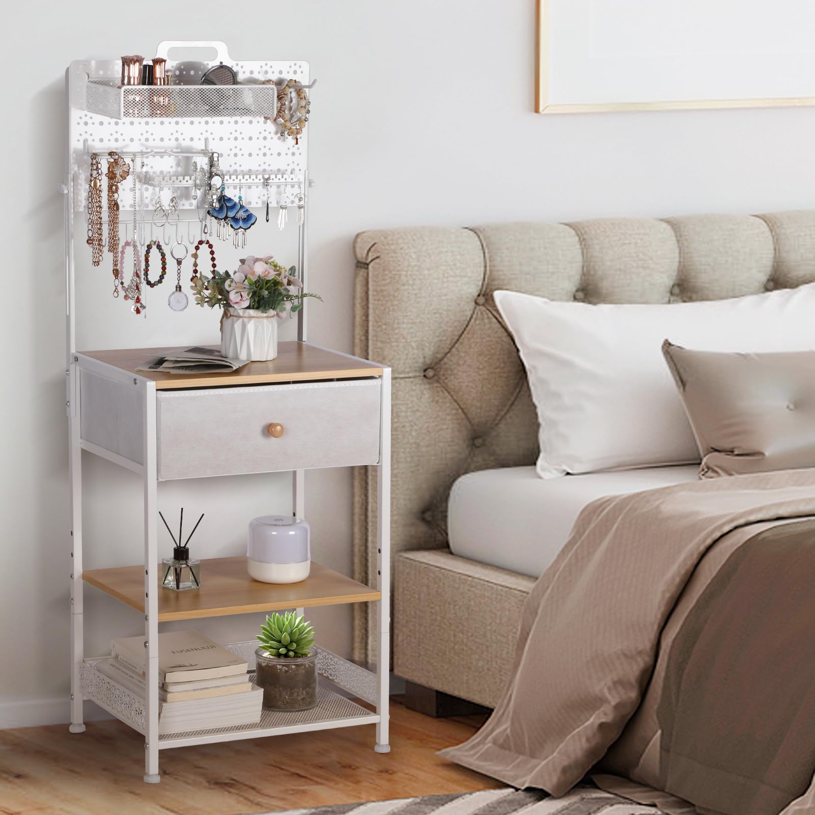 HYCFYJR Table de Chevet avec Porte Bijoux, Table de Nuit avec Tiroir en Tissu, Moderne Chevet de Lit, Bout de Canape pour Chambre, Salon, Naturel Blanc