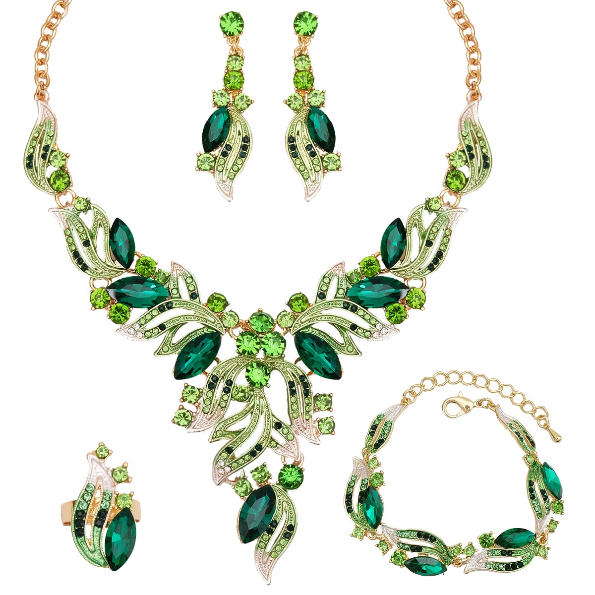 chaoyite Leaf Shape Bridal Costume Jewelry for Bride Wedding Necklace Earrings Bracelet Ring Sets Prom Dress Accessories