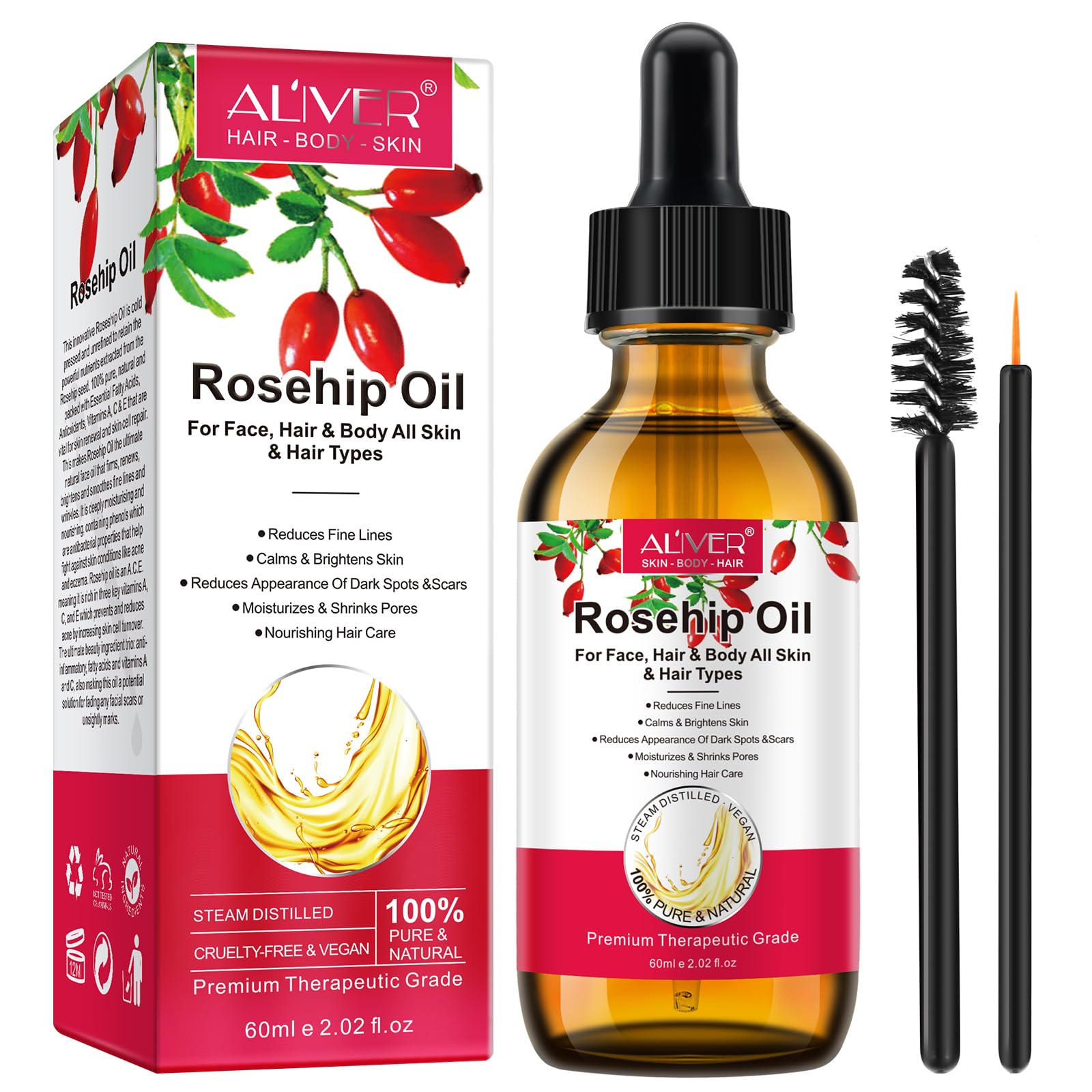 NIFEISHIRosehip oil Organic, 60ml Rosehip Seed Oil for Face, 100% Pure, Natural Cold Pressed Unrefined Carrier Oil for Skin, Hair & Nails, 60ml