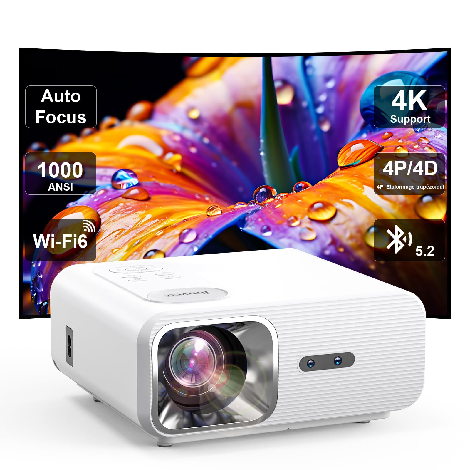 Jimveo Proiettore video 4K – Autofoco/Keystone 1000 ANSI Full HD 1080P WiFi 6 & Bluetooth, Proiettore Retrò Portatile, Home Cinema