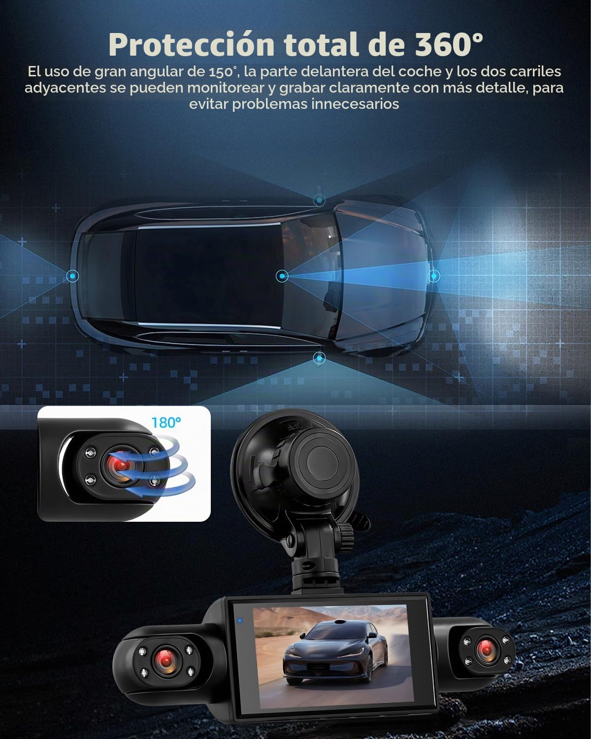 NHOPEEW Cámara de Tablero 3 Pulgadas 360° 1080P 4 Canales para Coche, con detección de Movimiento, visión Nocturna, grabación en Bucle y compensación de exposición