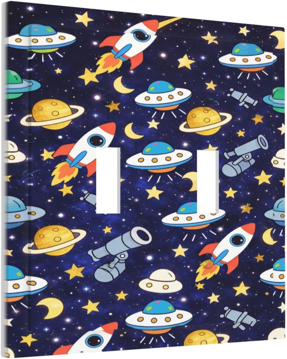 Decorative Light Switch Cover Plate Space-themed Rocket Spaceship 2 Gang Outlet Covers Double Toggle Wall Plates for Electrical Switch Plate Covers Faceplate for Children's Room Decor image 2