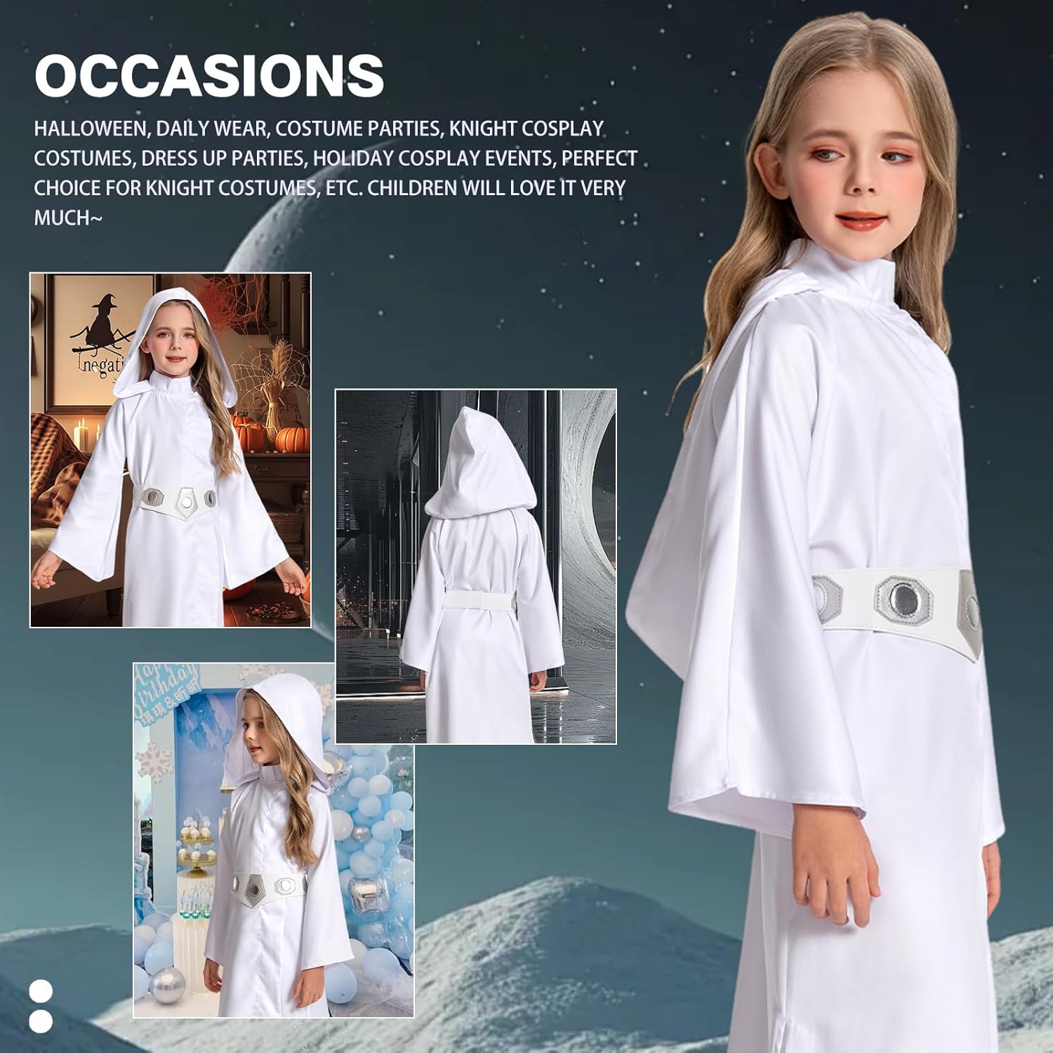 Children's Princess Cosplay Costume Girls White Tunic Hooded Robe Halloween Kids Outfit - Image 6