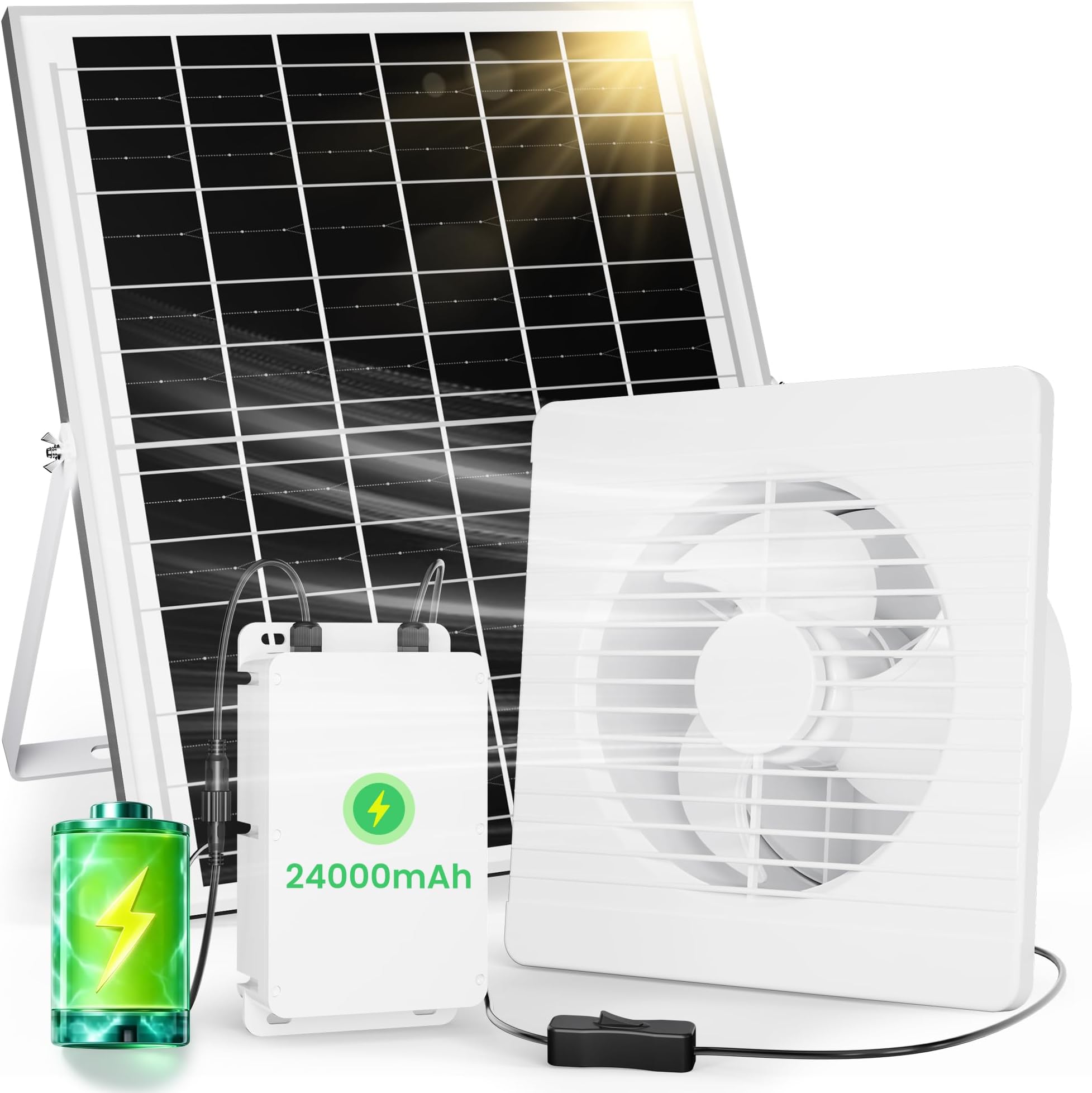 Solar Exhaust Fan with 24000mAh Battery Day & Night Work, 25W Solar Powered Fan with Anti-Backflow Valve, Waterproof Ventilation Fan for Shed, Chicken Coop, Greenhouse, Pet House