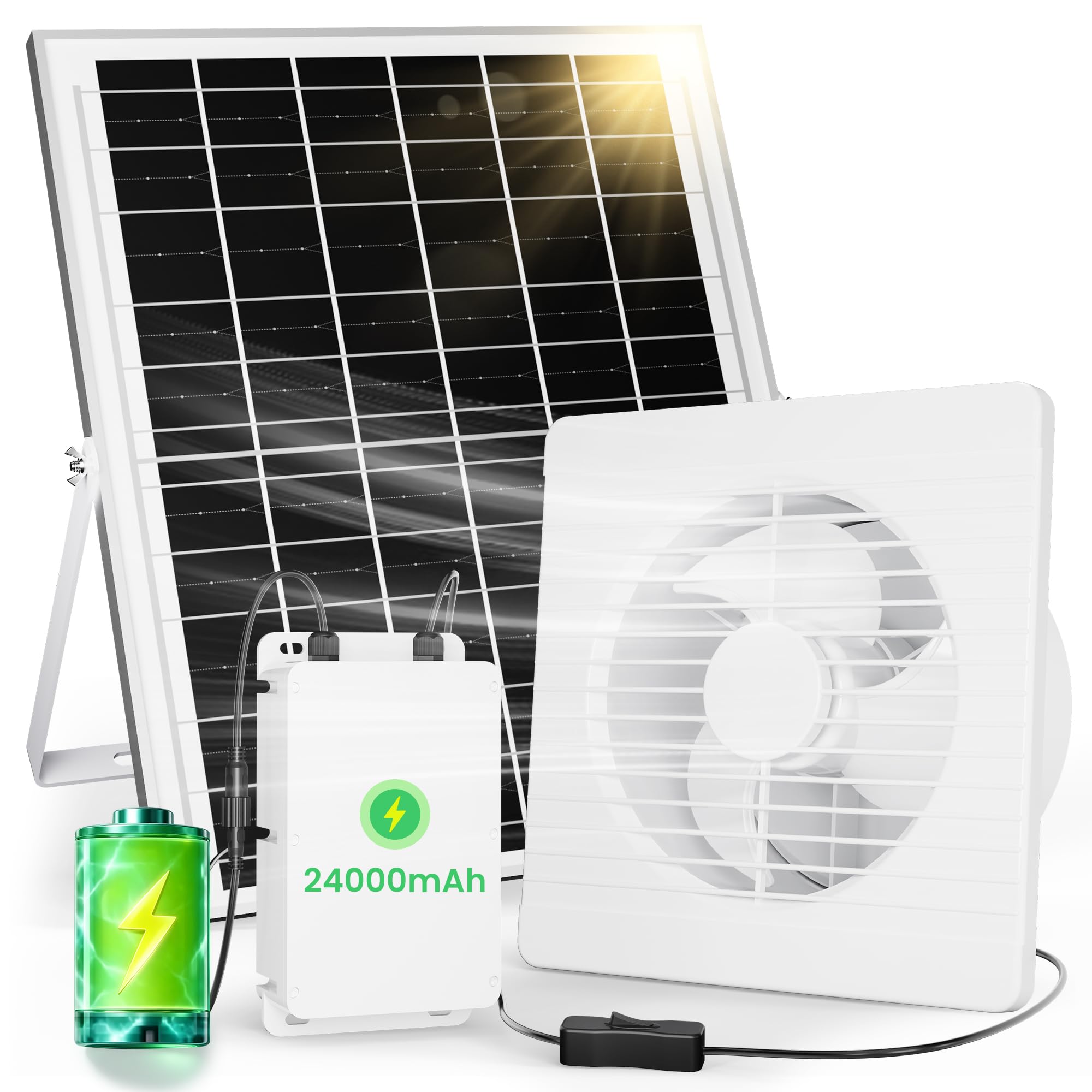 Ventilateur d'extraction Solaire 24000mAh 25W avec Batterie et clapet Anti-Retour, étanche