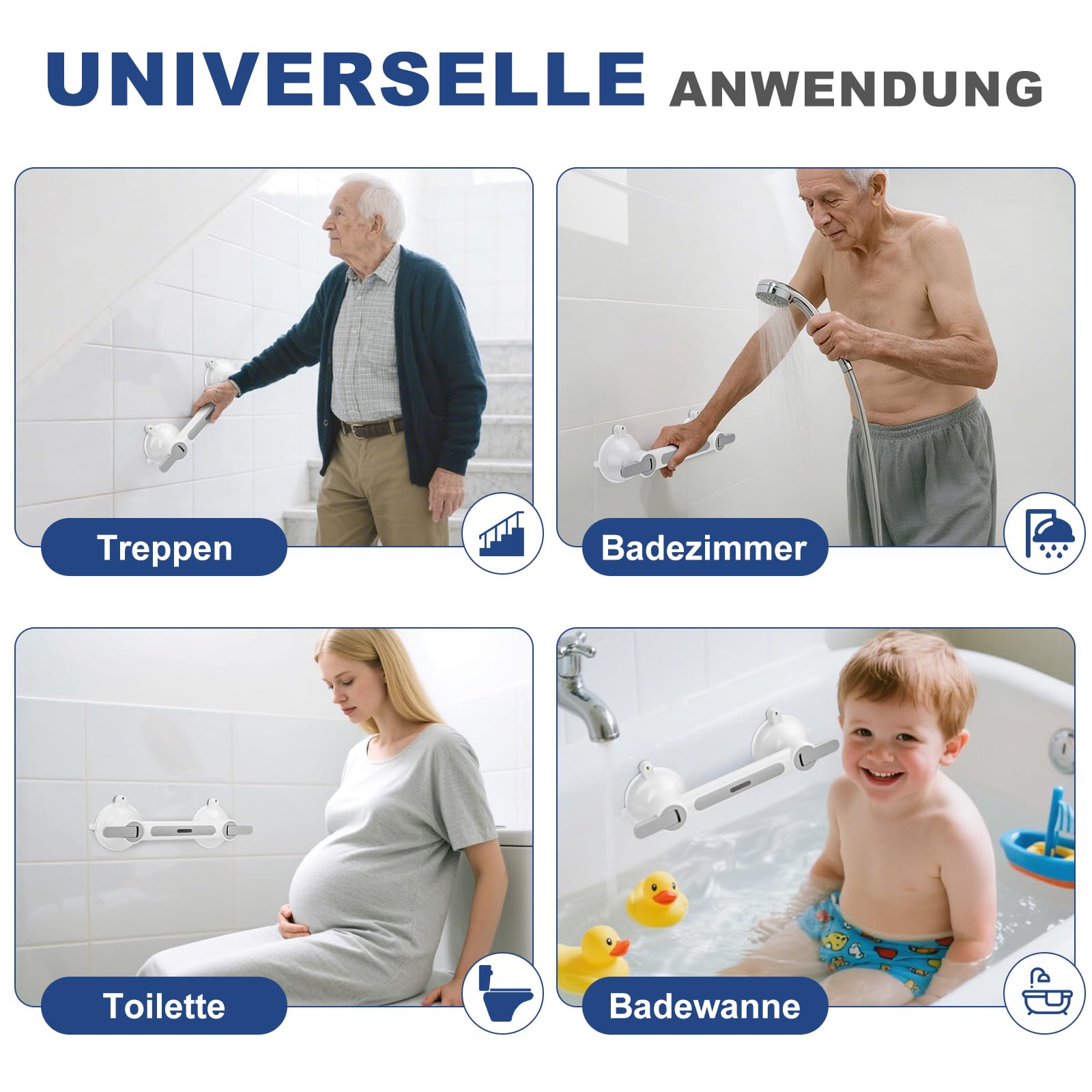 Haltegriffe für Senioren mit Saugnapf, Haltegriff Dusche & Badewanne Ohne Bohren MAX 200KG, Abnehmbare – Rutschfester Sauggriff mit Teppich für Bad WC Treppen & Behinderte Mobilitätseinschränkungen