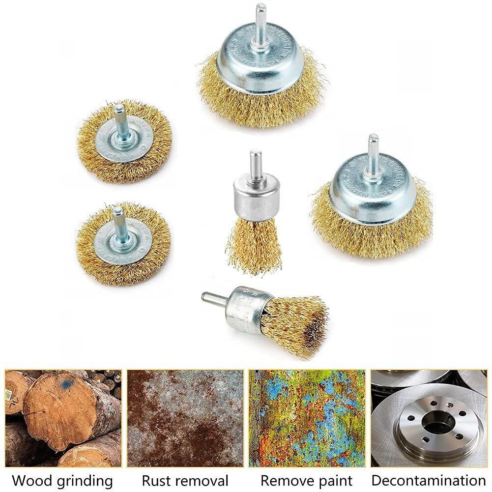 Szczotka druciana T-Shaped Brass Wire Brushes, for Drills Set,6 Pcs Brass-Plated Steel Cup W/ 6mm Dia Shank Polishing for Electric Attachment