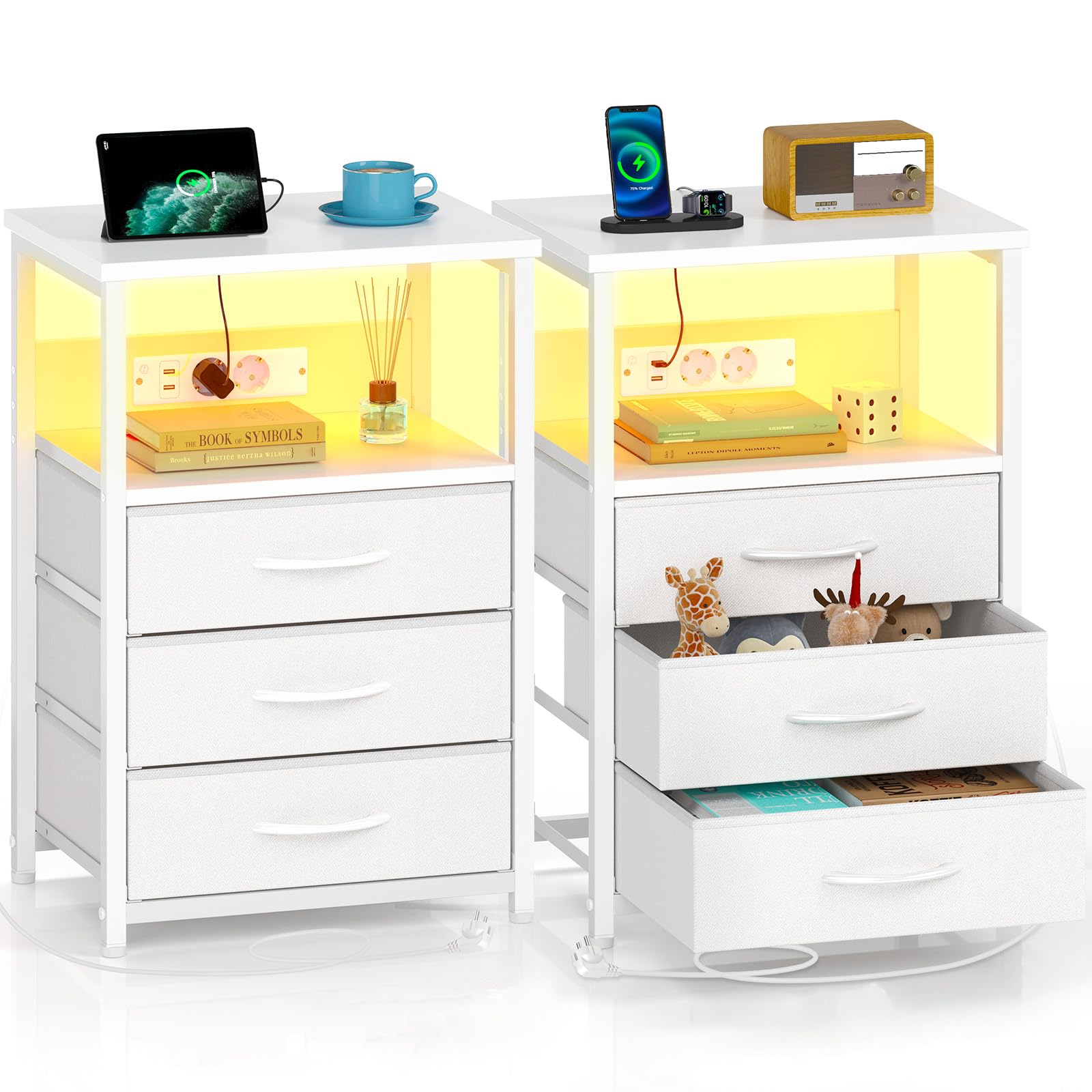 Rolanstar Nachttisch mit LED, Nachtschrank mit 3 Schubladen, Beistelltisch mit Ladefunktion, Platzsparend & Einfach Montiert für Schlafzimmer, Geeignet für Wohnzimmer, Weiß 2pcs