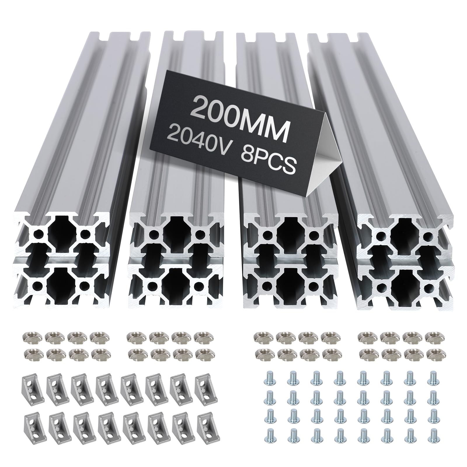 8pcs 200mm 2040 V-Slot Extrusion Aluminum Profile, Anodized Linear Rail for 3D Printer Frame, CNC Machine, DIY Robotics & Structural Projects Silver