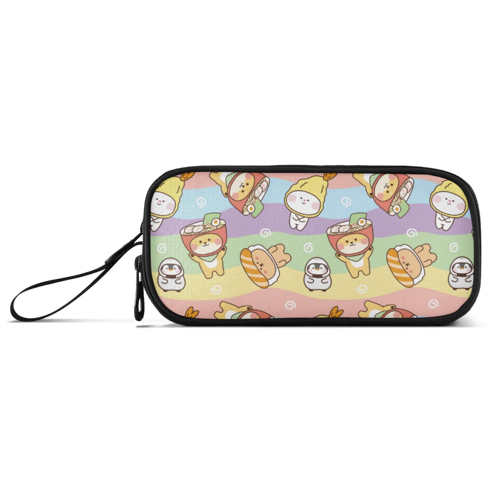 Large Pencil Case, Big Capacity Pencil Bag Pen Pouch Holder 3 Compartments, Cute Animals with Food on Head School Office Supplies Stationery Makeup Bag Storage Organizer for Students Girls Boys Women