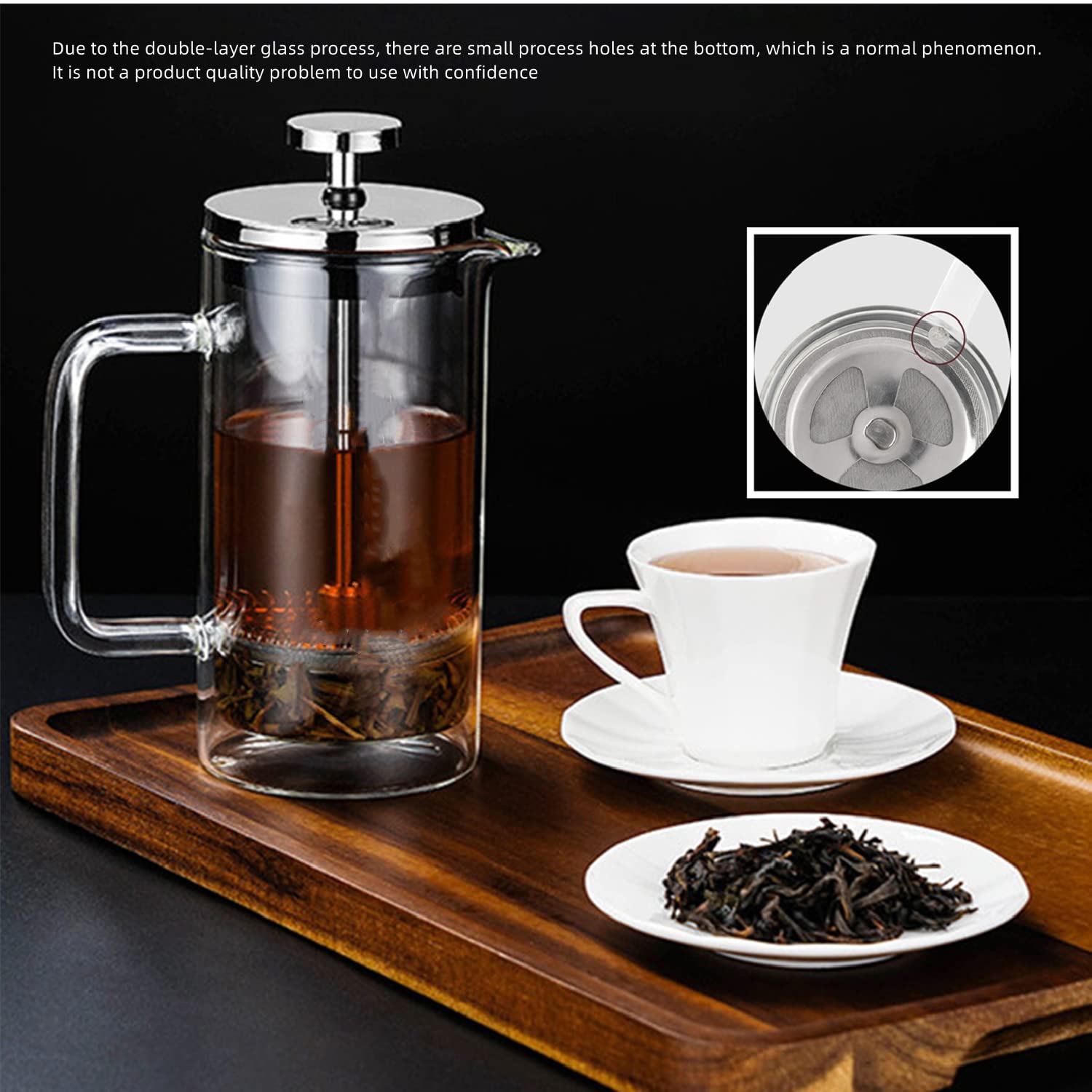 Cafetera de prensa francesa, tetera de doble pared, vidrio de borosilicato, acero inoxidable 304, prensa de café transparente, 600 ml UNNKI
