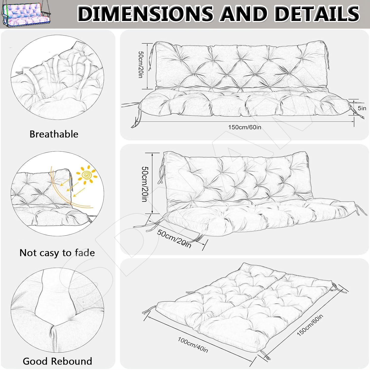 Cuscino per Amaca da Giardino, Copertura Impermeabile in Poliestere con, 8 Lacci di Fissaggio, Cuscino di Ricambio per Terrazzo, Giardino e Interno, Cuscino(Q1,120X100CM/47X39IN)
