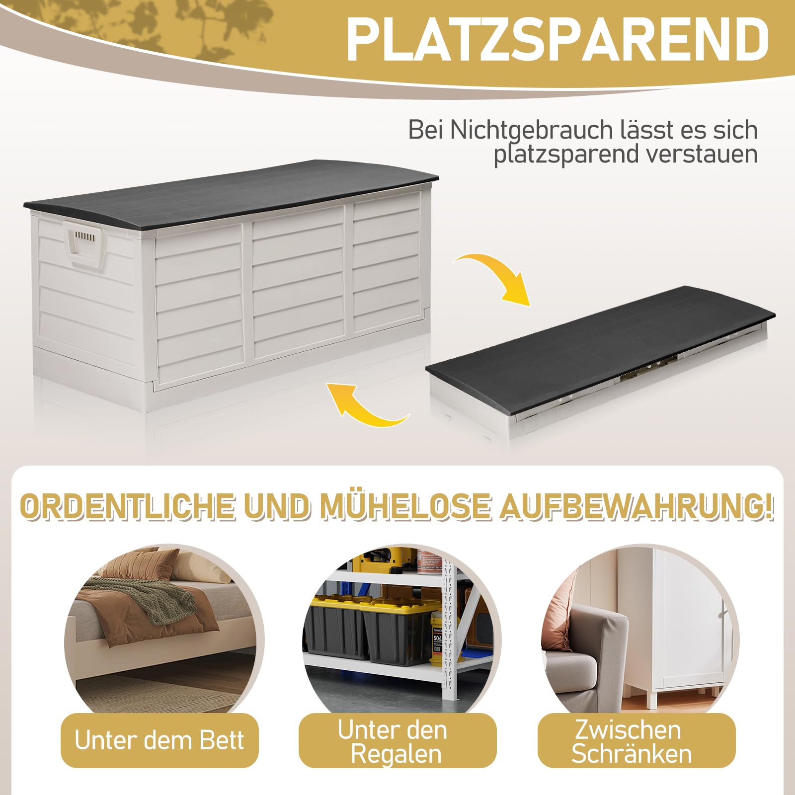 Faltbarer Gartenbox, 284L Fassungsvermögen mit Griffen und Rädern - Wasserfest und UV-beständig, Auflagenbox geeignet für Terrassen, Balkone, Wohnzimmer und Wintergärten, Schwarzweiß