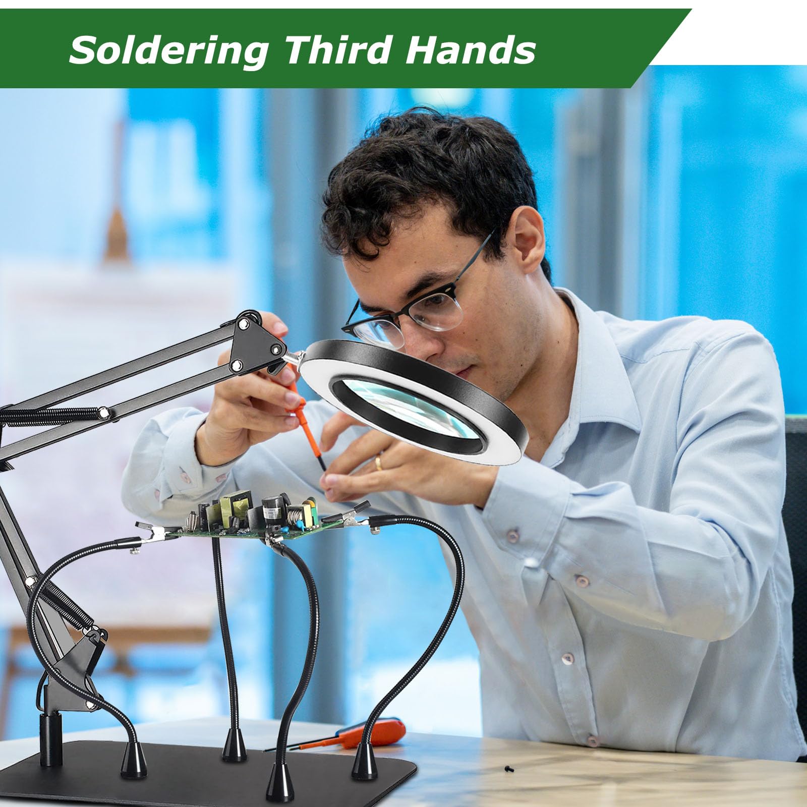 Saldatura terza mano, aiuto magnetico per saldatura, mano con 10 lenti di ingrandimento, stazione di saldatura con 4 colonne in PCB e 4 bracci flessibili, aiuto per saldatore, produttore di gioielli,