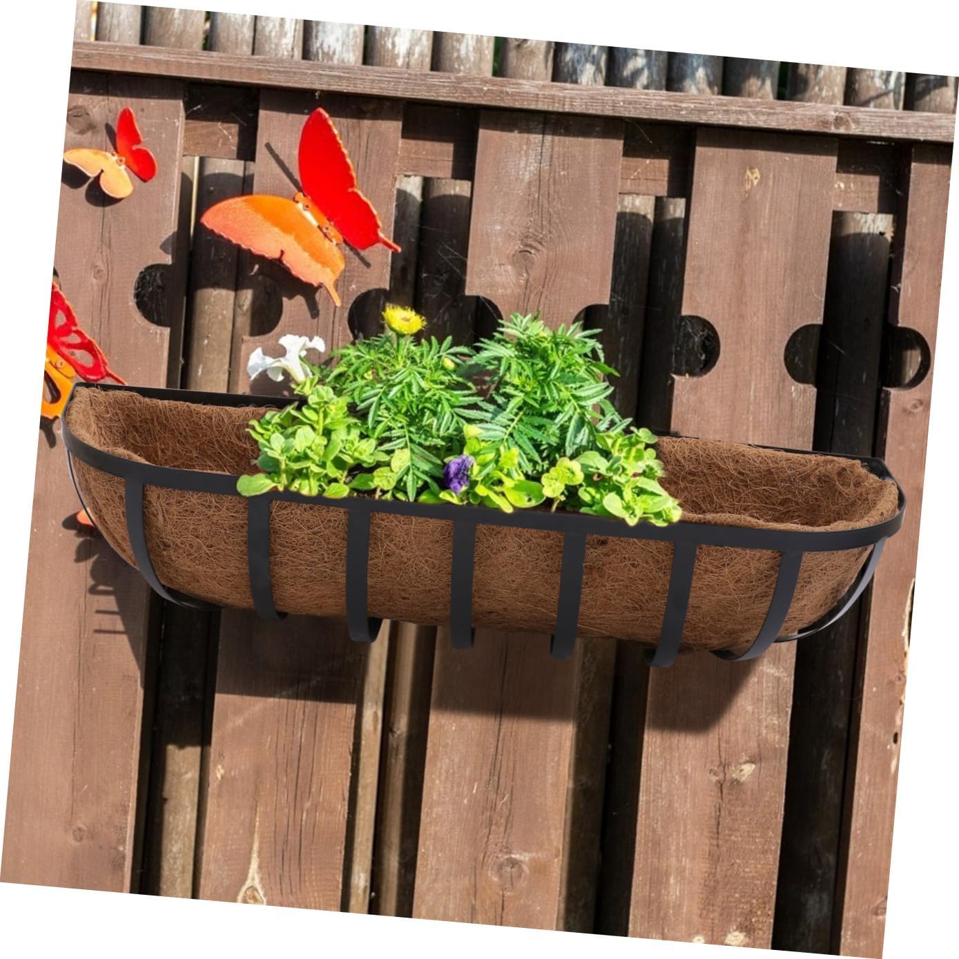 TIDTALEO Coconut Palm Hanging Flower Basket Wall-Mounted Iron Flowerpot 24-inch Semi-Circle Planter for Balcony and Outdoor Garden Sundries Container