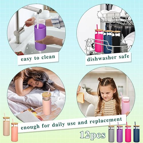 Miniatura 5 de Roshtia 12 botellas de agua de vidrio de 17 onzas con tapa con popote de bambú, tazas de café reutilizables, de silicona, funda protectora de