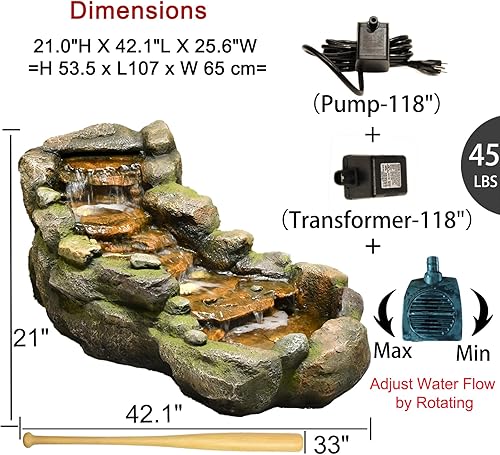 Miniatura 4 de Bumilgar Fuente de agua para jardín al aire libre, 42.1 pulgadas de largo, fuente de roca escalonada de pie con luces LED y bomba para jardín, patio