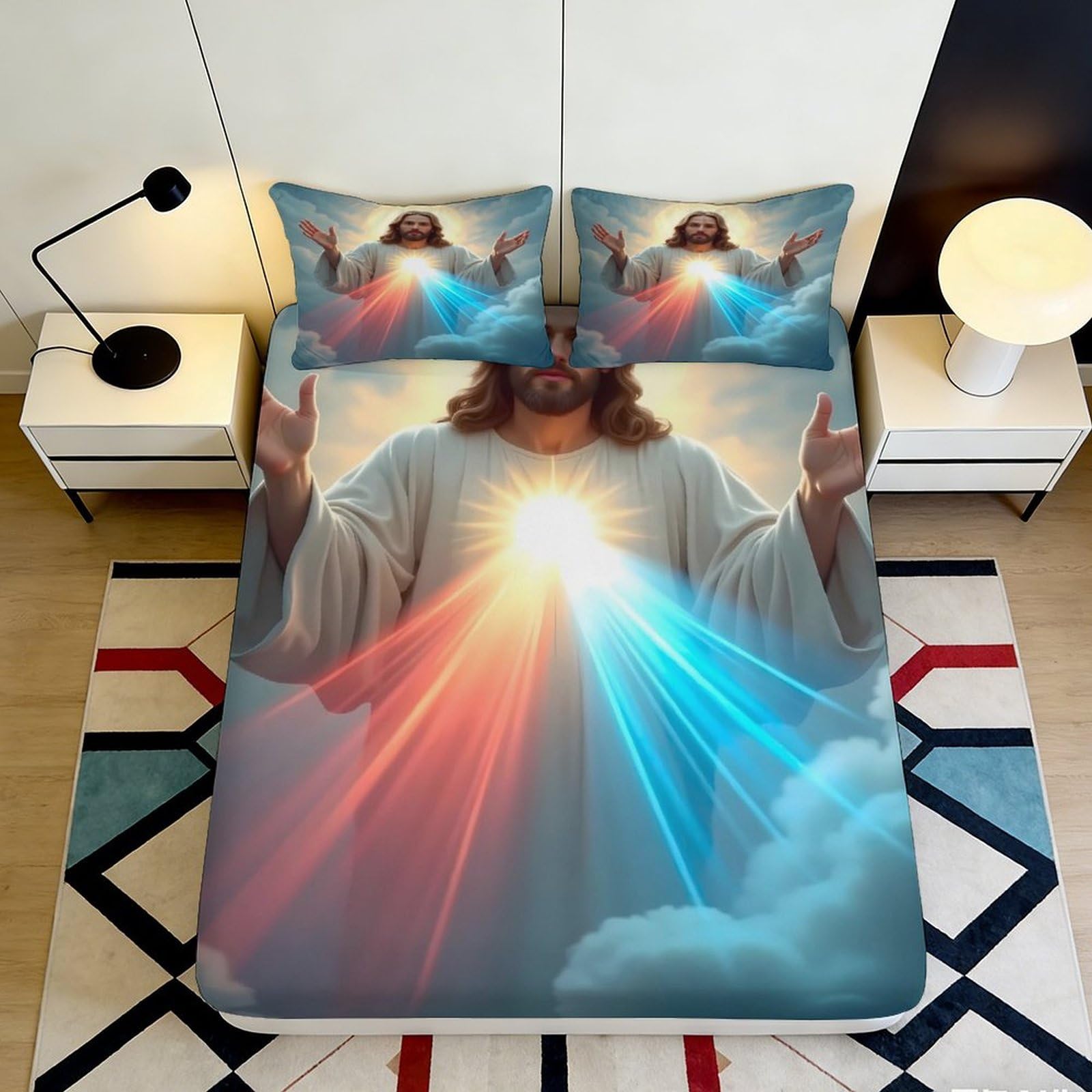 3D Printed Jesus Divine Light Fitted Sheet Microfiber Soft Breathable Sacred Aura Bed Cover for Bedroom Guest Room Decor 90x200x25cm