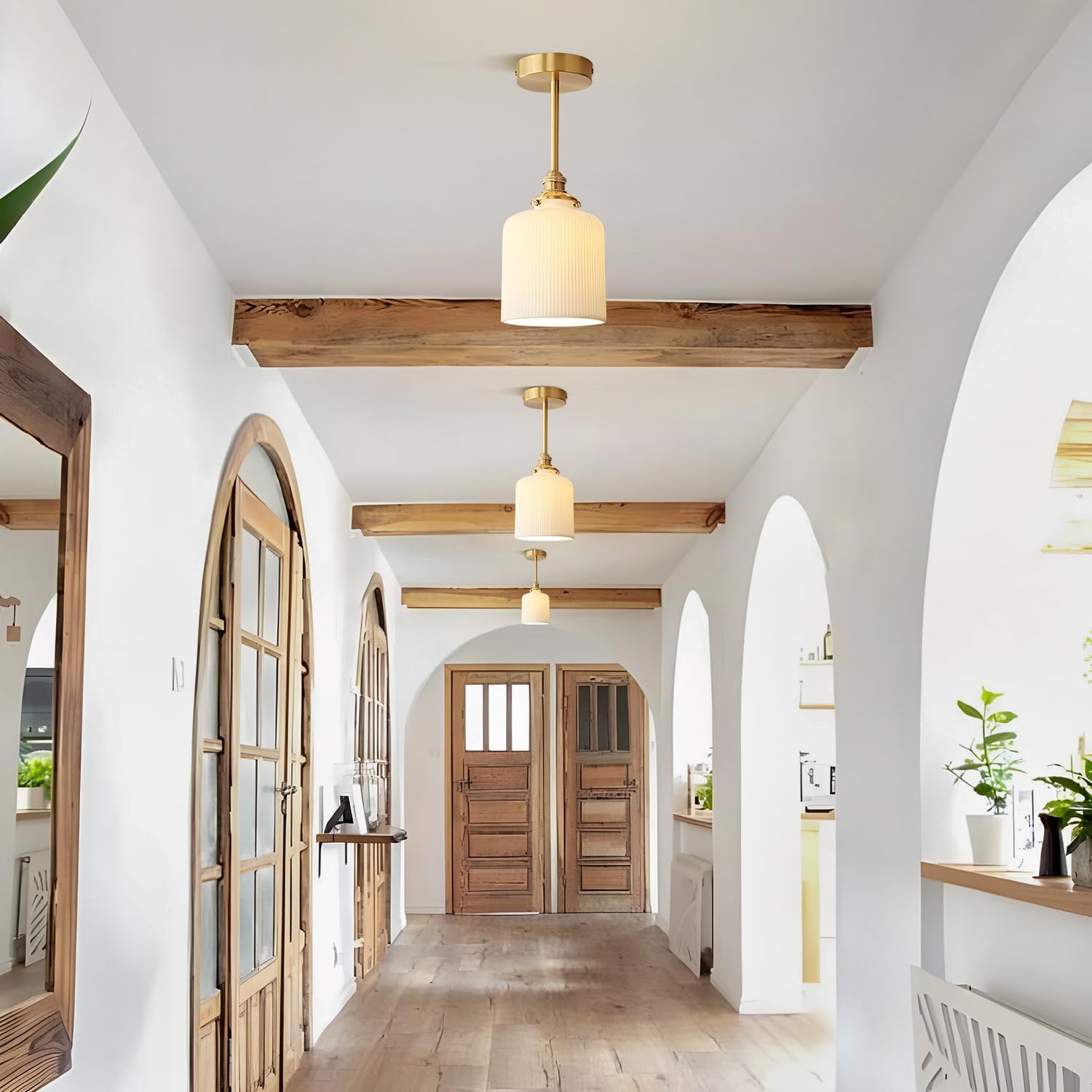 Vintage Milk Glass Semi Flush Mount Ceiling Light 1 Light Rustic Farmhouse Brushed Brass Hallway Ceiling Light Gold Close to Ceiling Light Fixtures for Hallway Kitchen Bedroom Foyer MCL28-C