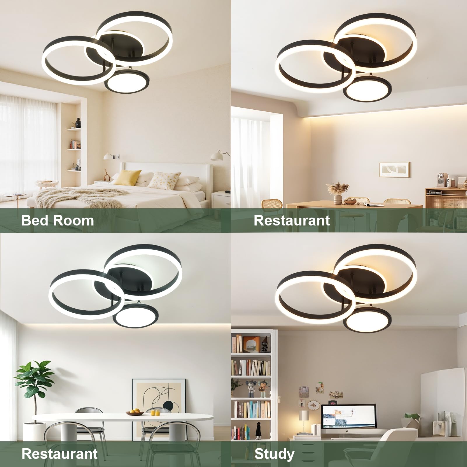 LED Deckenlampe Wohnzimmer 45W Dimmbar Deckenleuchte Schlafzimmer | 54CM 3771LM Moderne Fernbedienung Dimmbar Nachtlicht Memory-Funktion für Esszimmer Küche Schwarz 4-Ringe Design 3000-6500K