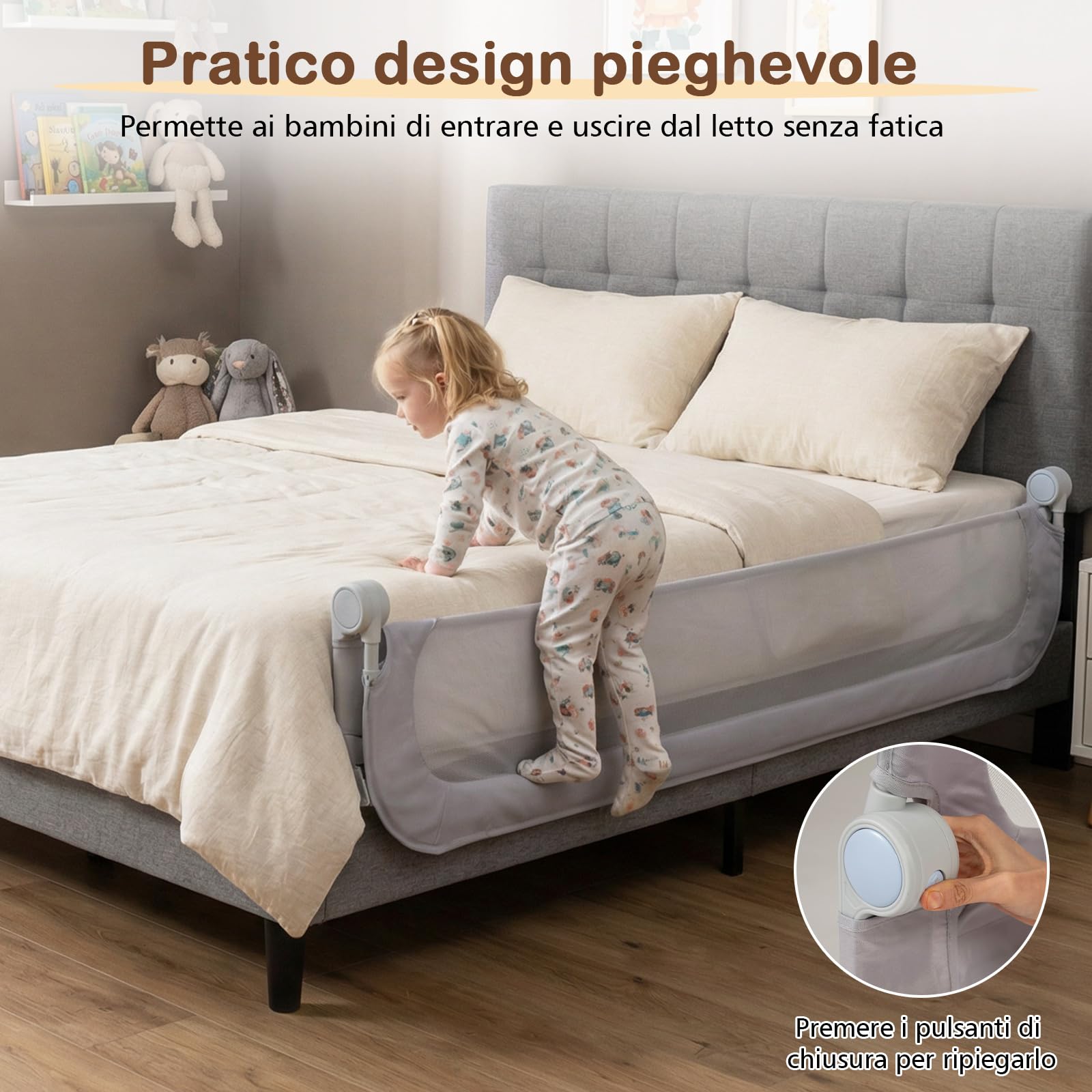 COSTWAY Sponda Letto per Bambini 80/120/150/180/200 cm, Barriera di Sicurezza per Neonati, Altezza Regolabile a 3 Livelli, Barriera Letto Pieghevole, con Cinghia di Sicurezza (200 cm,Grigio)