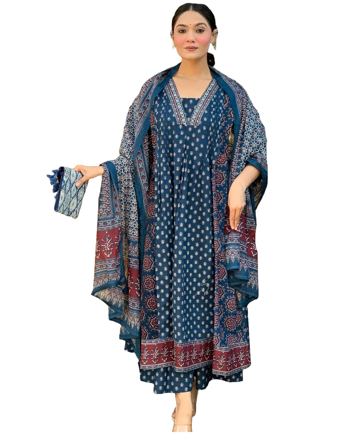 GoSriKi Women’s Anarkali Kurta Set with Dupatta Pure Cotton Suits for Women with Dupatta | Suit Set for Women Cotton | Ajrakh Print 3 Pcs Ethnic Wear