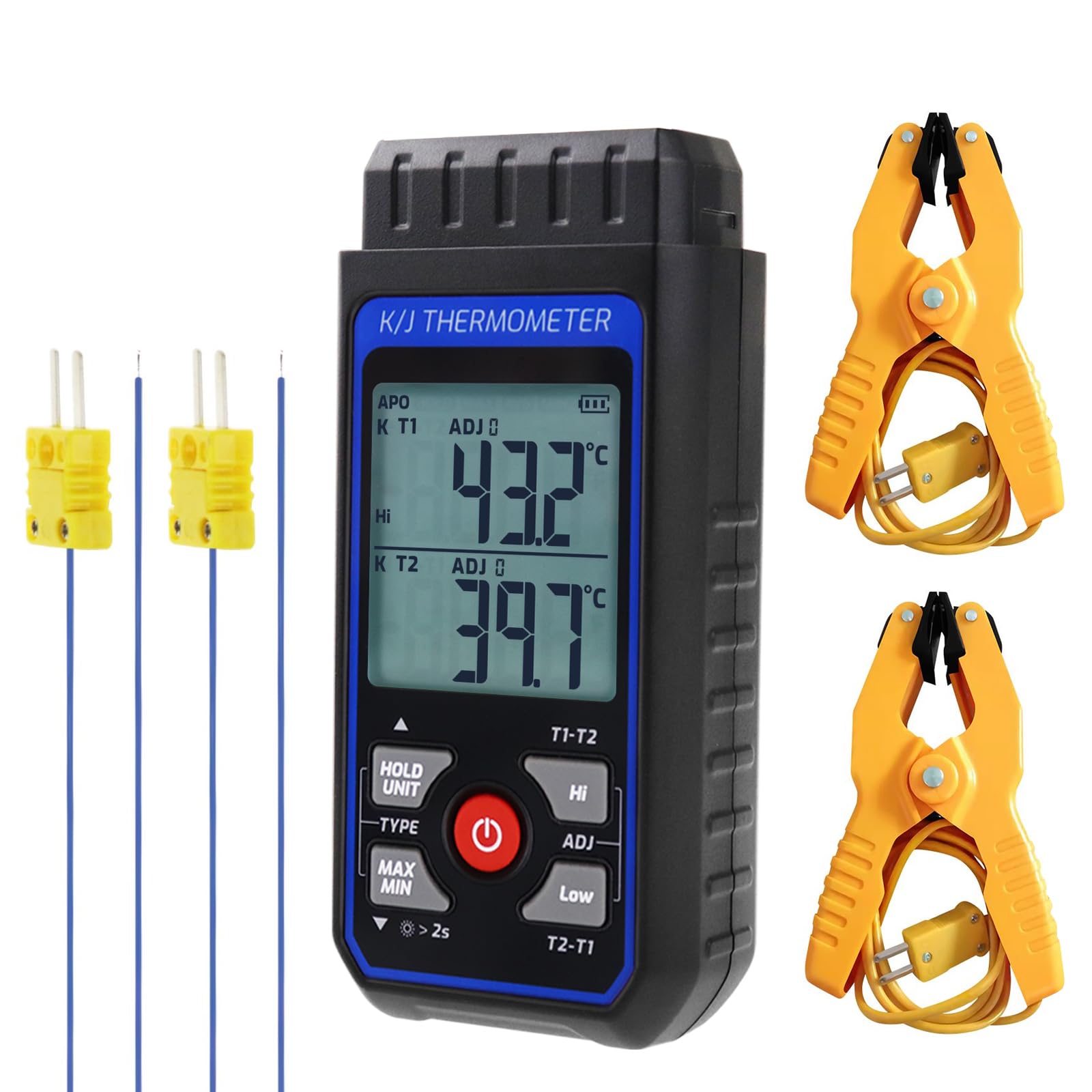Dual-Channel K/J-Thermometer mit 4 Sonden & 2 Rohrschellen – -200°C bis 1372°C (-328°F bis 2501°F), Alarm, Hintergrundbeleuchtung – Temperaturmessgerät für HVAC-Werkzeuge, Industriethermometer