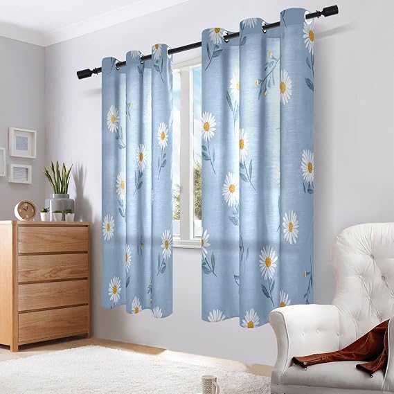 White Daisy Flower Pastel Blue Bay Window Curtains Kitchen Curtains 63 Inch Length 2 Panel Sets cortinas para cuartos Contra el sol 63x52