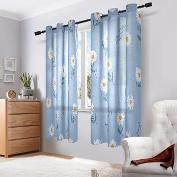 White Daisy Flower Pastel Blue Bay Window Curtains Kitchen Curtains 63 Inch Length 2 Panel Sets cortinas para cuartos Contra el sol 63x52