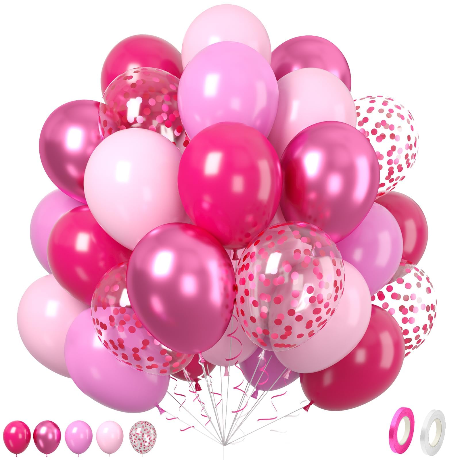 Paready Hot Pink Balloons Set, 60Pcs Metallic Pink Balloon, 12Inch Confetti Pink Balloon Pastel Latex Balloons for Girls Birthday Baby Shower Princess