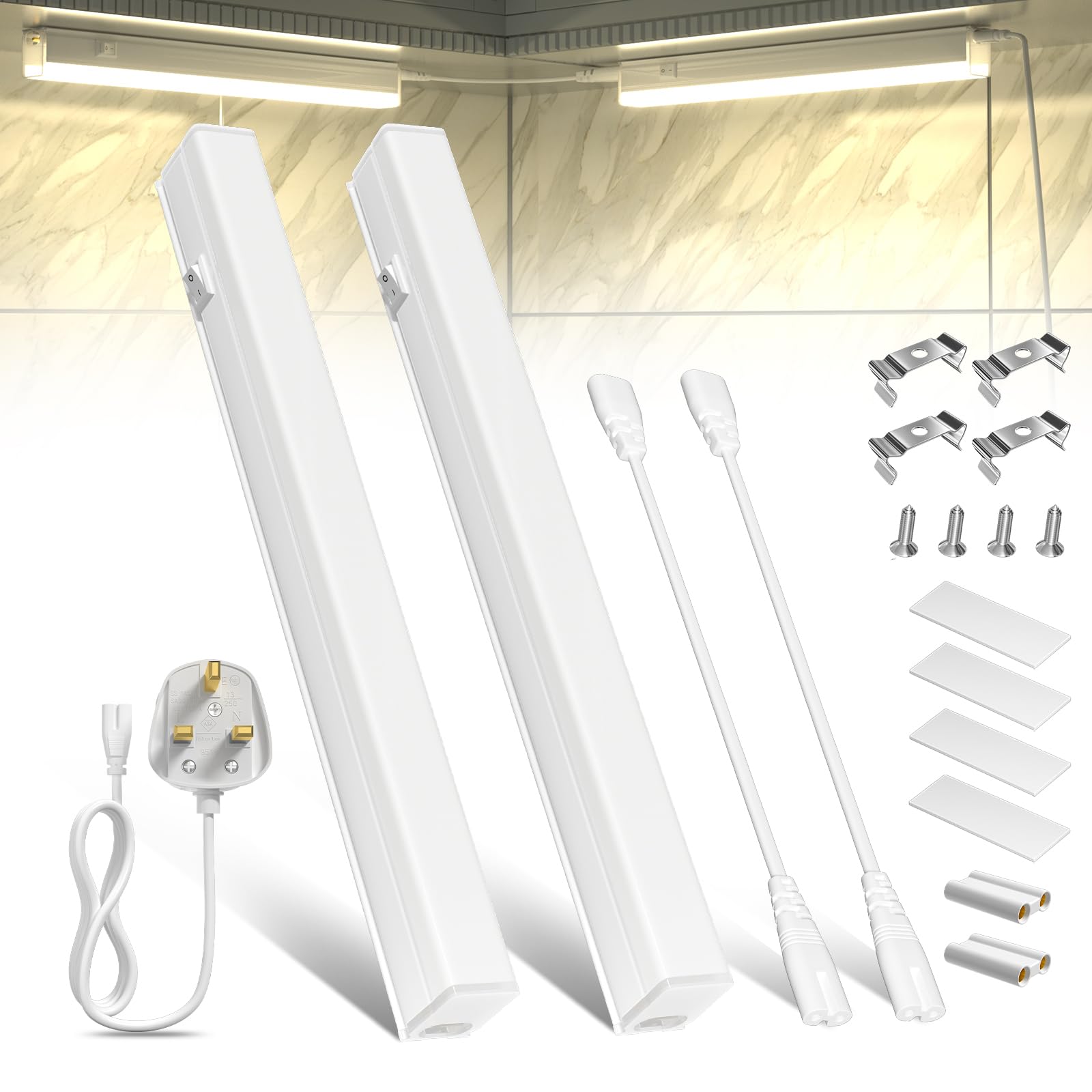 Lamptobe Warm White Under Cabinet Kitchen Lights, 5.5W Led Linkable Cupboard Light, 500Lm Neutral White 4000K Under Counter Strip Lights,For Shelf,Display Lighting, 11.3Inch, 2 Pack