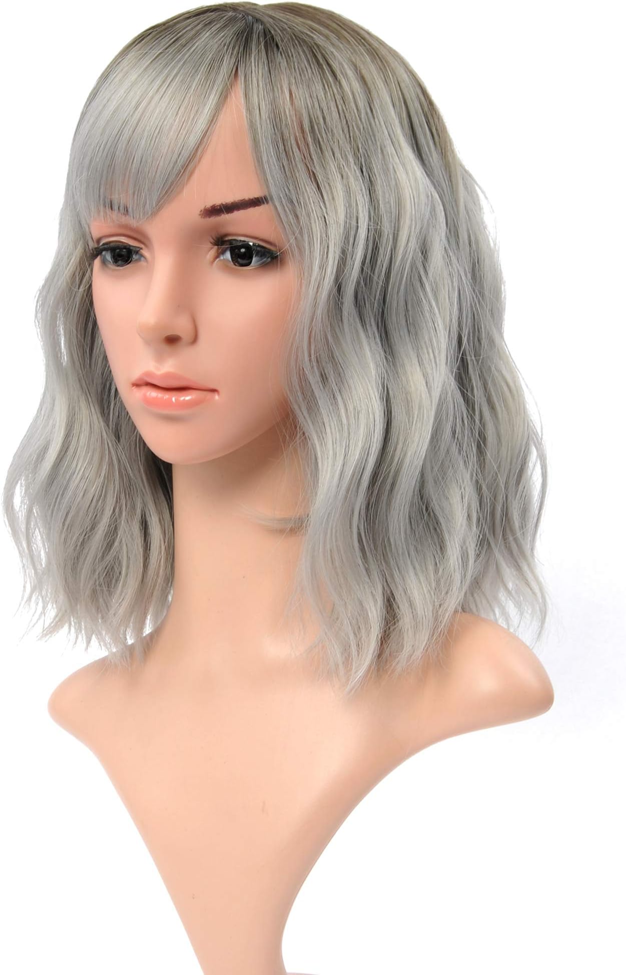 VCKOVCKO Ombre Color Natural Wavy Wig With Air Bangs Black to Gray Colorful Short Bob Wigs for Women's Shoulder Length Wigs Curly Wavy Cosplay Wig Bob Wig for Girls(12",Black-Gray)