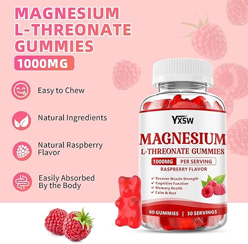 Miniatura 6 de Gomitas de magnesio L-treonato de 1000 mg, suplemento de treonato de magnesio sin azúcar para niños y adultos, para apoyo muscular y sistema