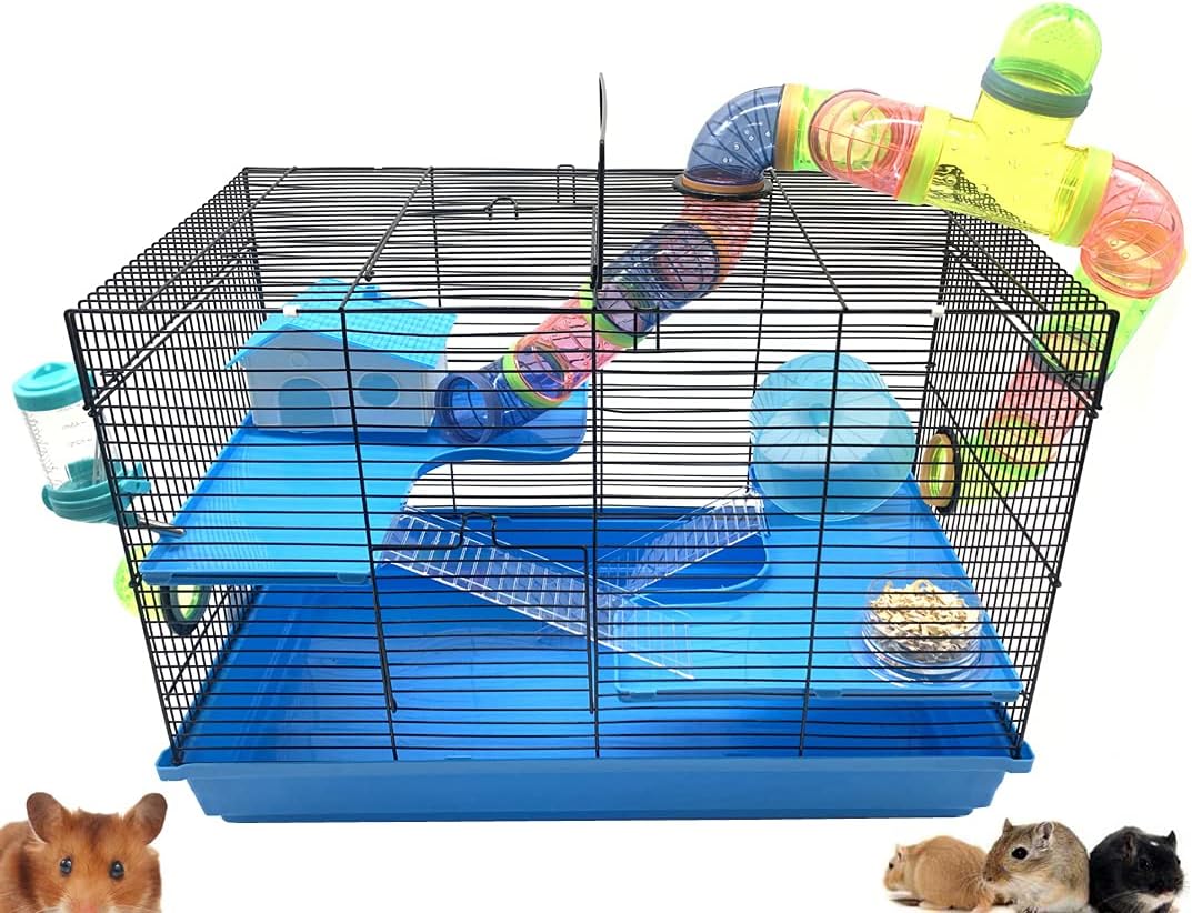 Large 3-Levels Habitat Dwarf Hamster Mansion Mouse House for Rodent Gerbil Mice Rat with Crossover Tube Tunnel Expandable and Customizable