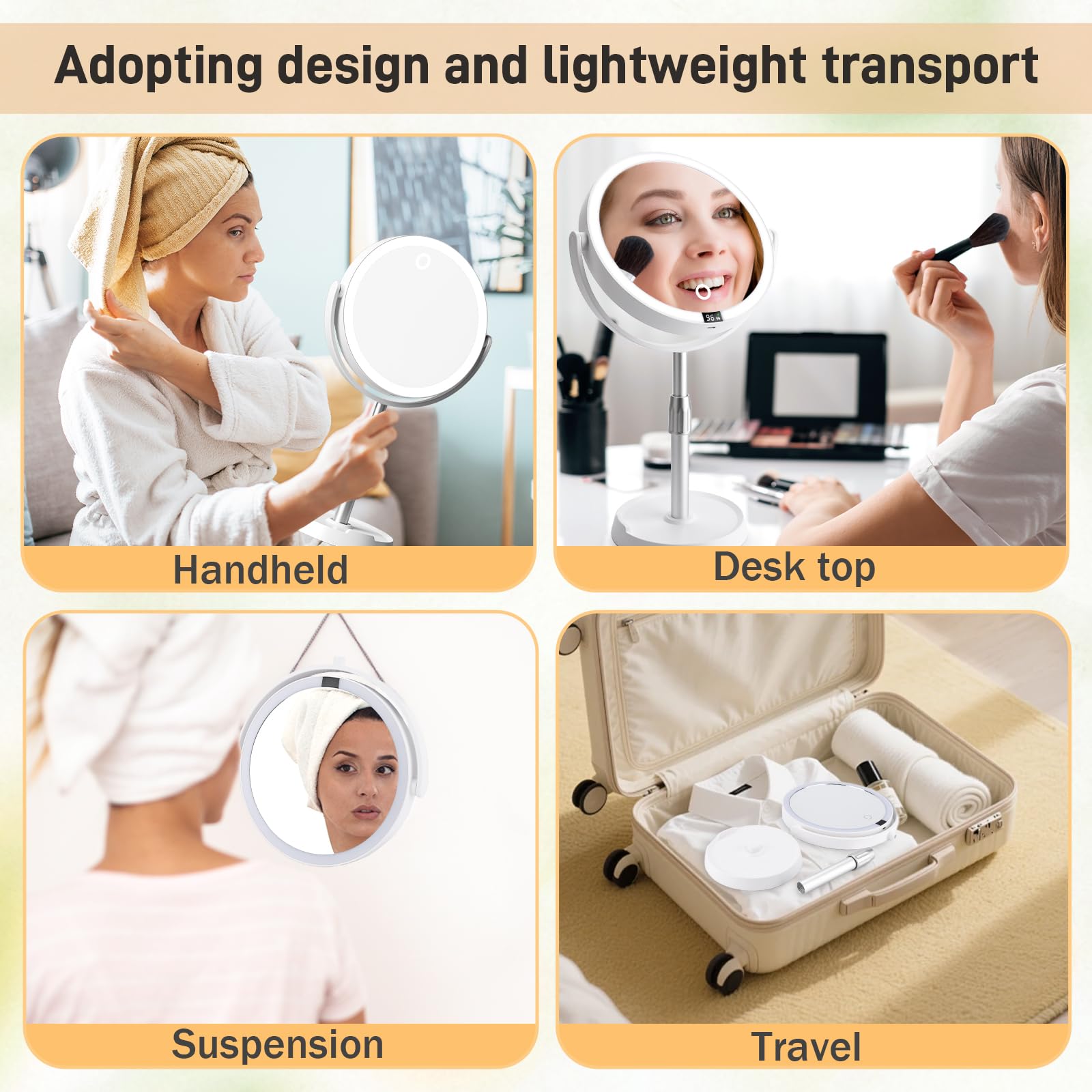 Miroir Grossissant Lumineux 10X/1X,Mirroir Maquilleur Lumineux,Miroir Maquillage LED Rechargeable avec 3 Couleurs éclairage,Rotation 360° pour Maquillage,Soin du Visag