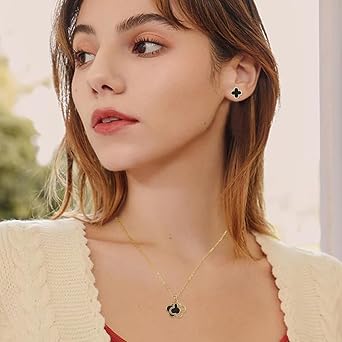 Four-Leaf Clover Jewelry Set for Women 18K Gold Plated Stainless Steel White Black Four-Leaf Clover Pendant Necklace Stud Earrings Jewellery Set with Cubic Zirconia