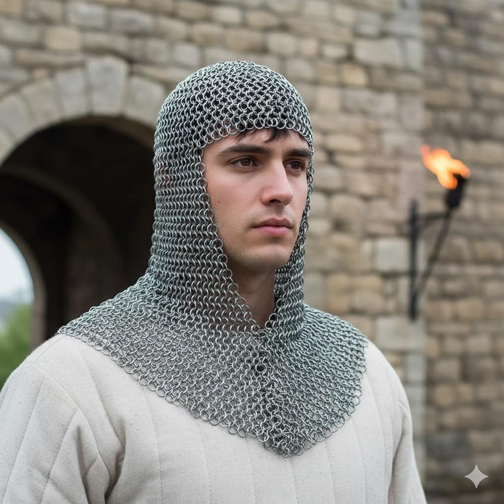 Nautical Replica Hub Steel Butted Chain mail Hood/Coif | 10 mm Butted Ring Handmade SCA LARP Coif Reenactment and Fantasy Costume Gift (Silver, V shape)